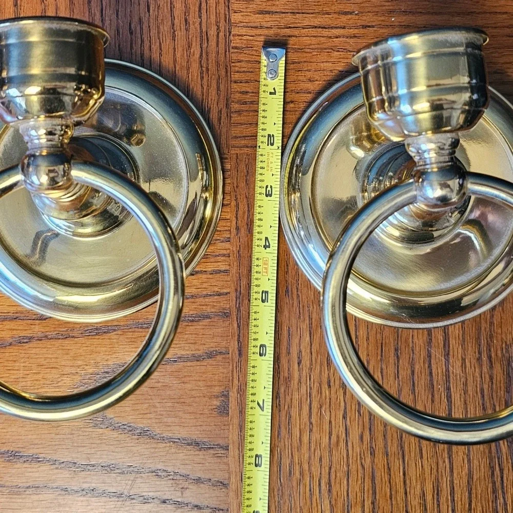 Vintage Polished Brass Ring Wall Sconce Candle Holder Pair Gold Tone Taiwan